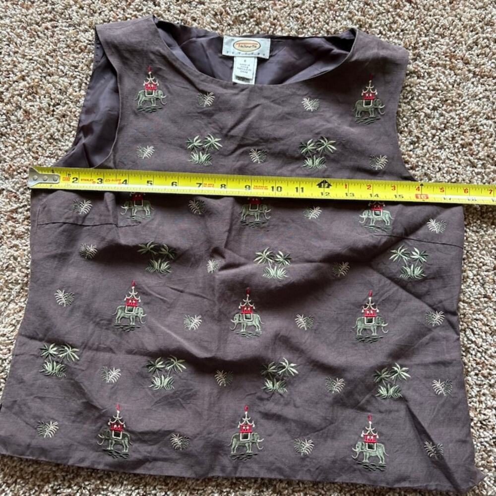 Talbots Petites Silk/Linen Brown Pullover Sleeveless Vest sz 6 Elephants/Palm - Picture 4 of 7
